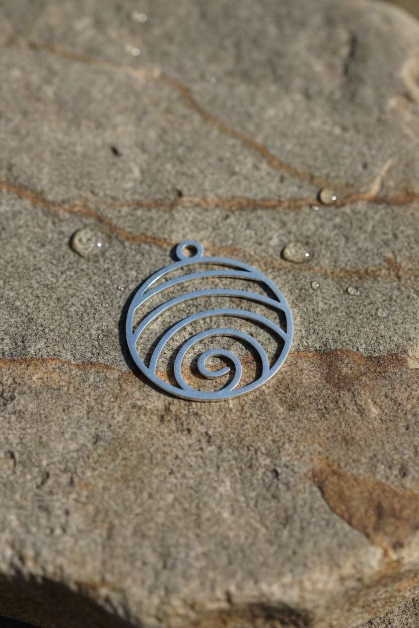 A small spiral shell pendant or charm in silver steel color, photographed resting on a textured stone surface outdoors.