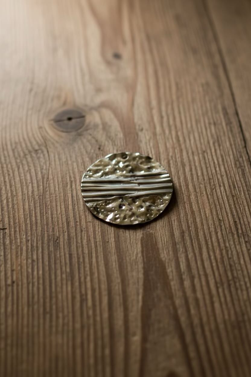 A small round metallic pendant or coin-like accessory with a hammered and striped textured design, resting on a rustic wooden surface.
