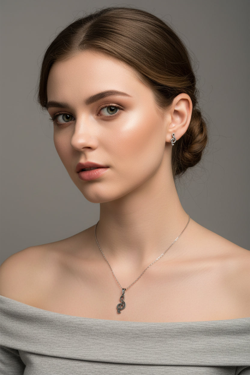 A silver-tone necklace with a treble clef pendant is displayed on a white model, with matching earrings.