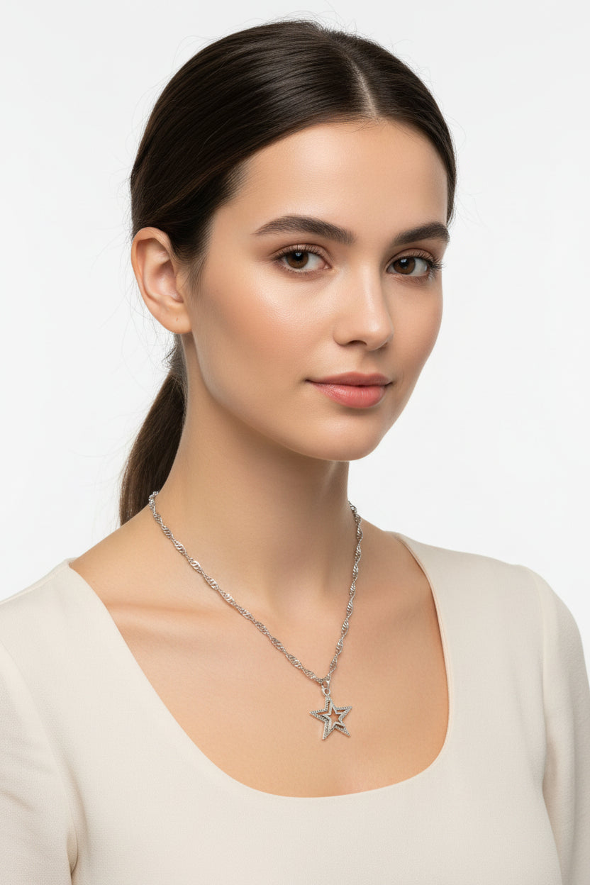 Silver water wave necklace with star pendant on a model
