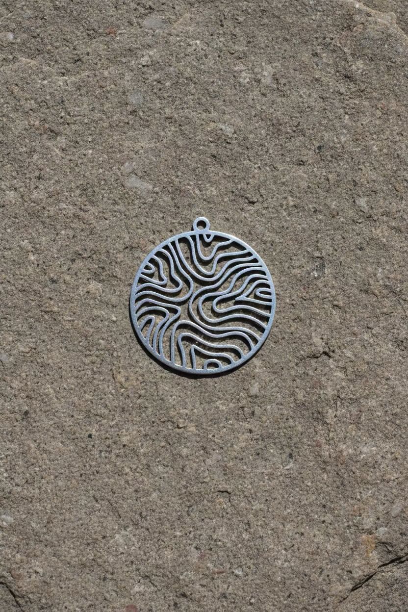 A close-up of a silver pendant necklace with a circular, wave pattern circle patterned pendant on a delicate silver chain on a brown marbled stone.