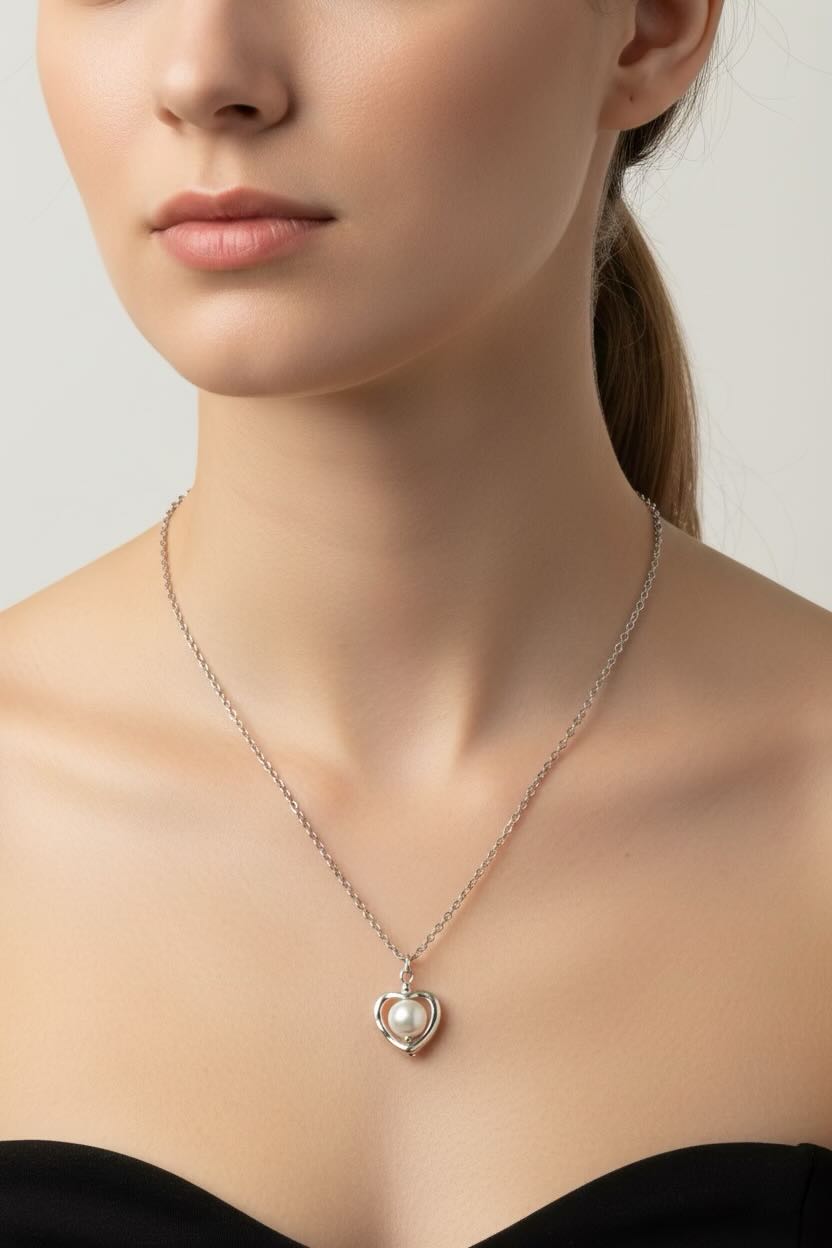 A close-up of a model wearing a delicate silver chain necklace with a heart-shaped pendant featuring a white pearl in the center.