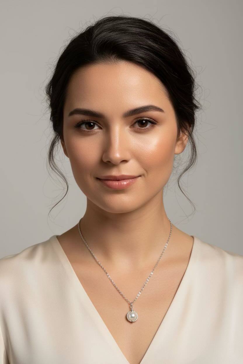 A woman with dark hair pulled back wears a delicate silver necklace with a round white pearl pendant, dressed in a cream-colored V-neck top against a solid gray background.