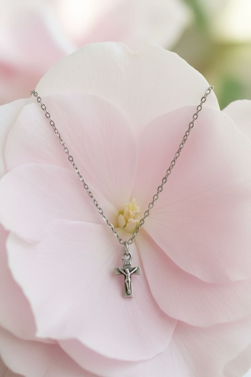 Silver cross necklace on a pink flower background
