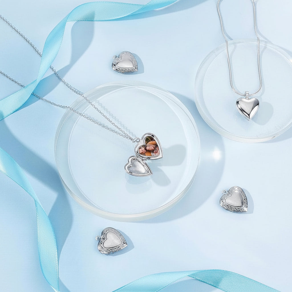 Heart-shaped locket necklaces on a light blue background