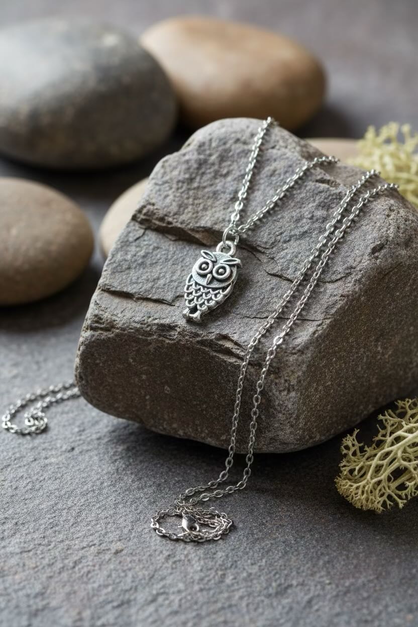 Silver owl necklace on a stone surface with rocks and moss in the background