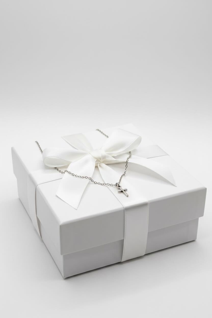 White gift box with a white bow and a silver necklace on a white background