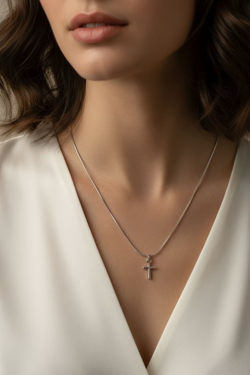 Silver necklace with a cross pendant worn by a person in a white outfit.