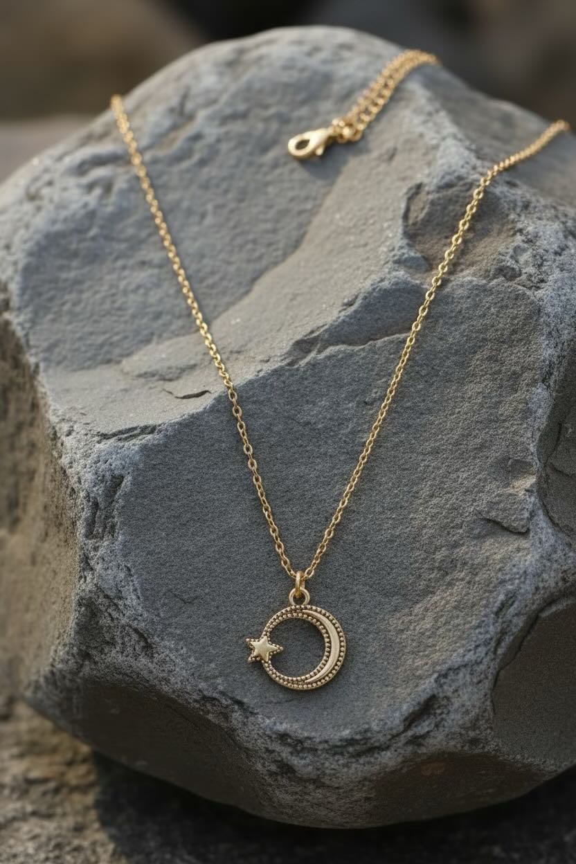 A delicate gold necklace with a crescent moon and star pendant, displayed on a textured gray stone.