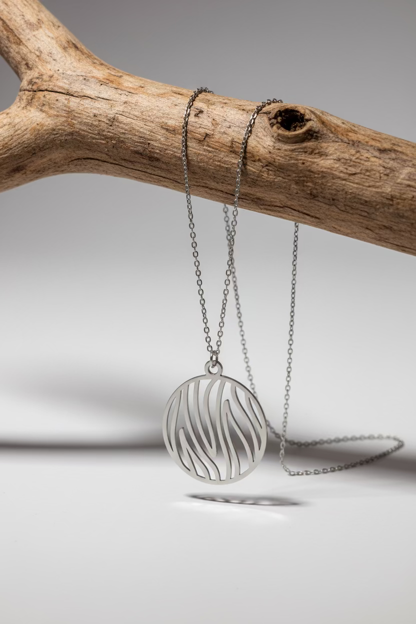 A silver pendant necklace with a circular, openwork flame pattern, hanging from a delicate chain draped over a natural wood branch against a neutral gray background.