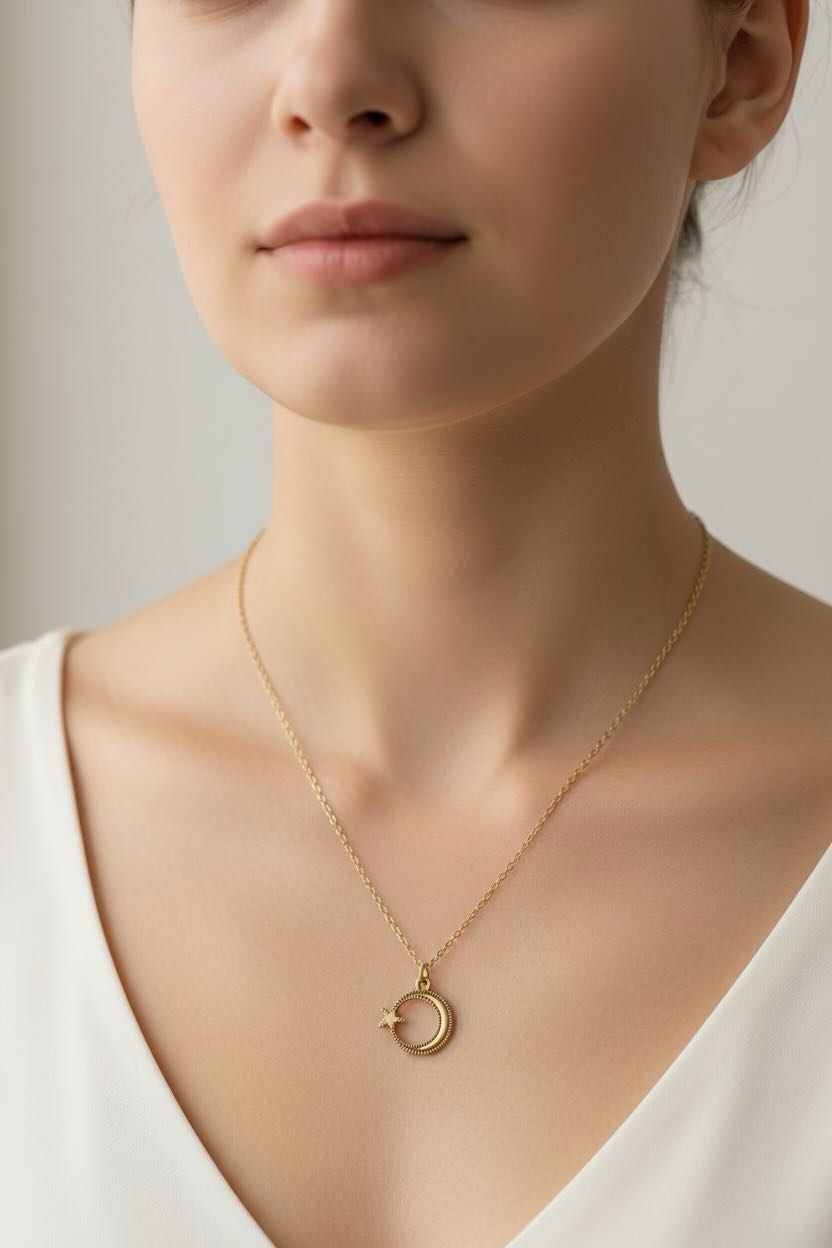A close-up of a woman wearing a delicate gold necklace with a small crescent moon and star pendant, styled with a white V-neck top against a soft neutral background.