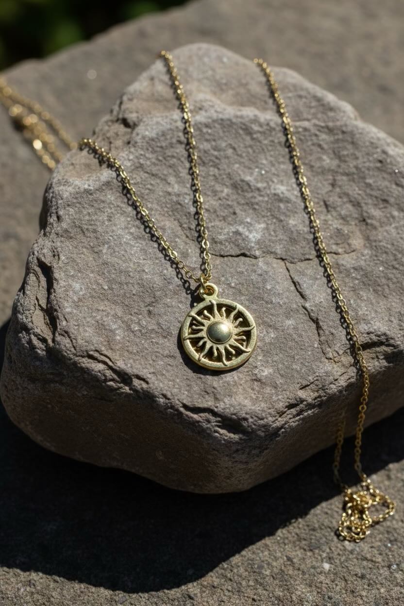 A gold-toned necklace with a circular sunburst pendant, draped over a textured gray rock outdoors.