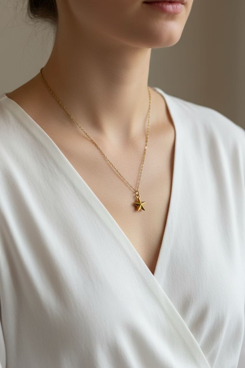 A close-up of a model wearing a delicate gold chain necklace with a small star-shaped pendant, styled with a white V-neck top.