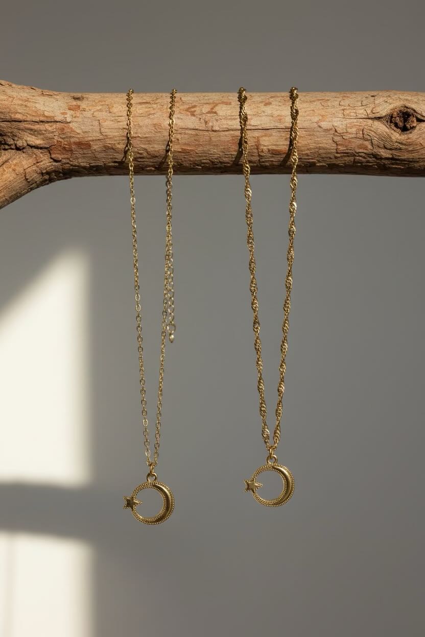 Two gold crescent moon necklaces with star details hanging from a rustic wooden branch against a neutral gray background.