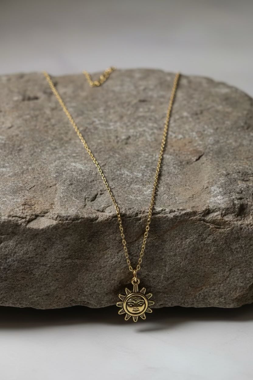 Stainless Steel Necklace with Gold Sun Face Pendant