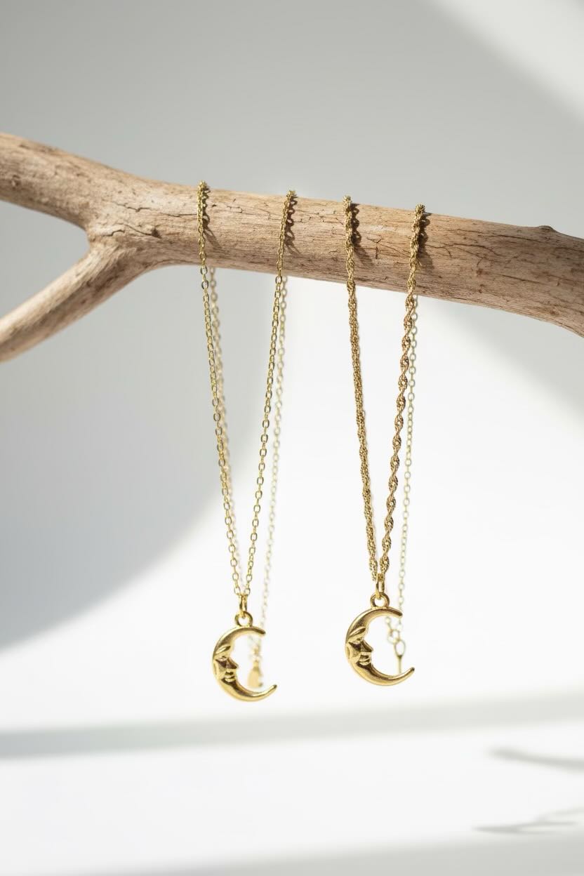 Two gold crescent moon face necklaces with detailed celestial designs hang from a natural wood branch against a bright white background.