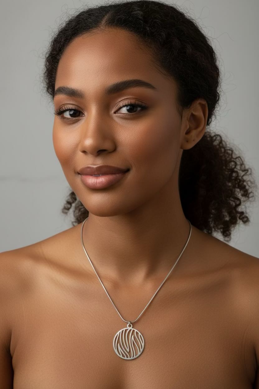A close-up portrait of a woman wearing a delicate silver necklace with a circular pendant featuring flame cutout lines, set against a neutral gray background.