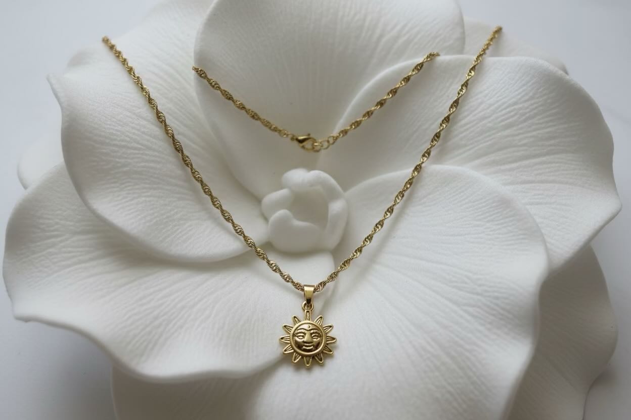 Stainless Steel Necklace with Gold Sun Face Pendant