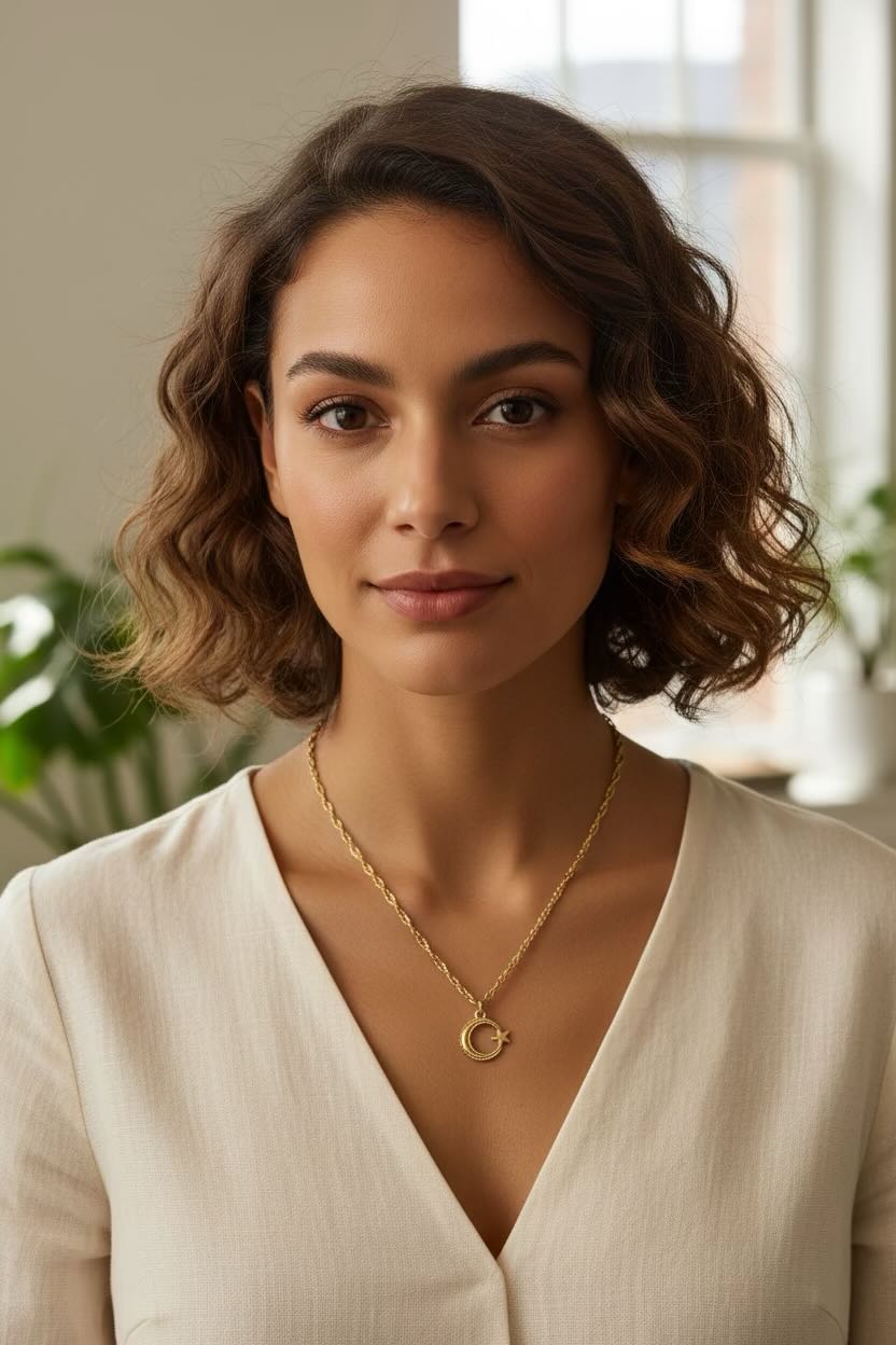 A woman with wavy brown hair wearing a delicate gold chain necklace with a small crescent moon and star pendant, paired with a cream-colored V-neck top, set against a softly blurred indoor background.