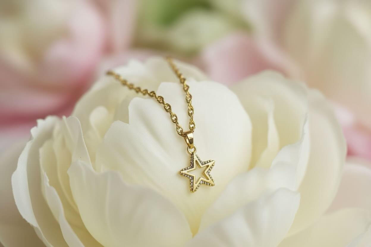 A delicate gold star pendant necklace resting on the petals of a large white flower, with a soft pink blurred background.