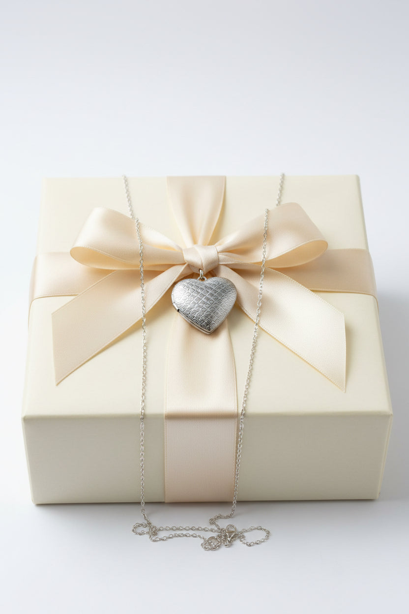 Silver heart-shaped pendant necklace on a large gift box
