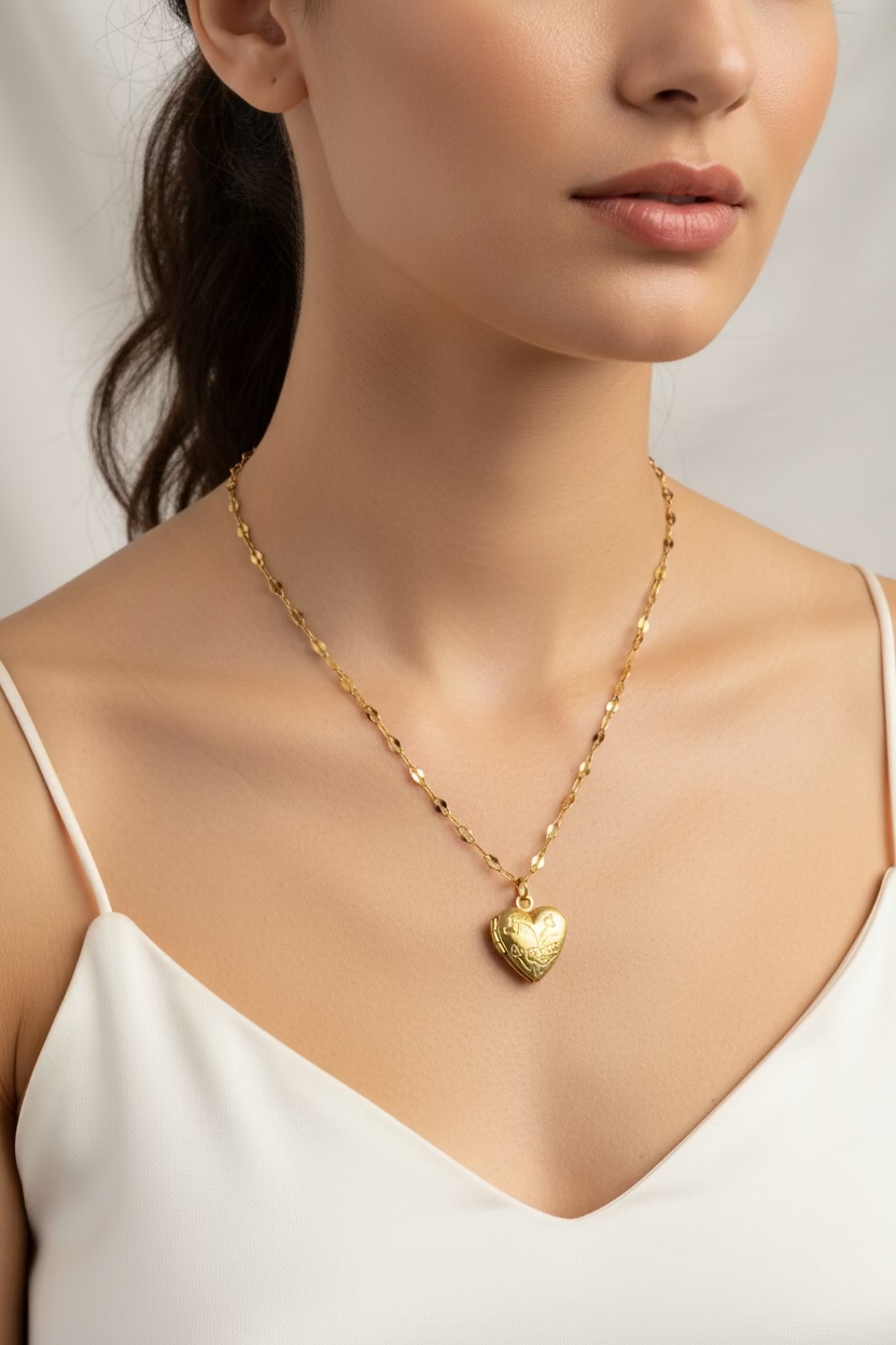 Gold heart-shaped locket necklace on a model with a white background