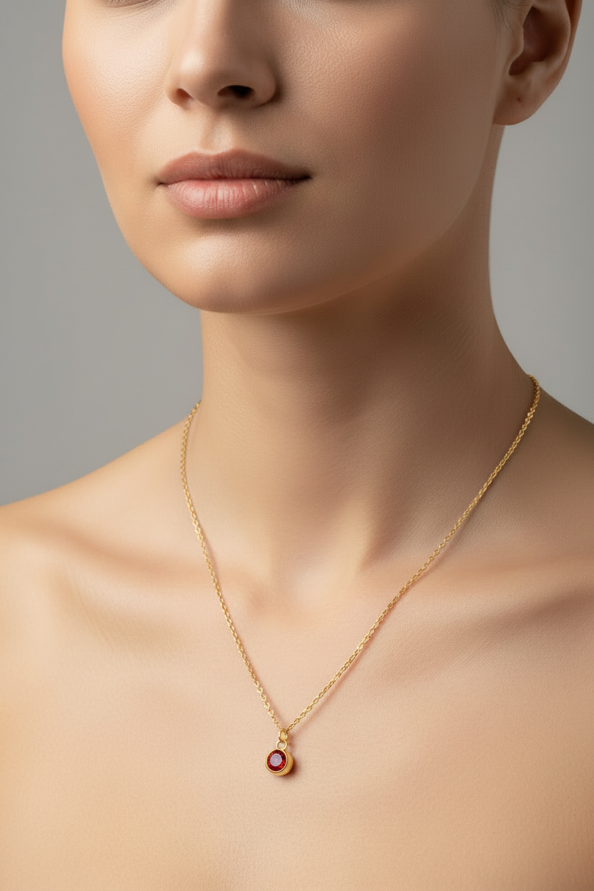 Close-up of a necklace with a pendant on a neutral background