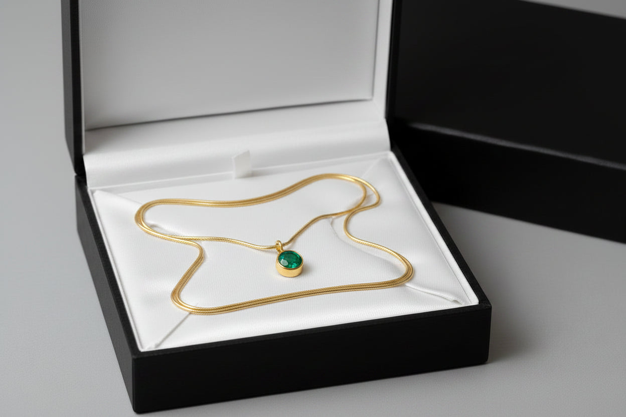 A gold snake chain necklace with a small oval green gemstone pendant, presented inside an open black jewelry box with a white satin insert.
