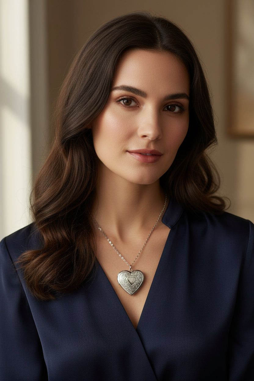Silver stainless steel heart-shaped locket necklace on a model