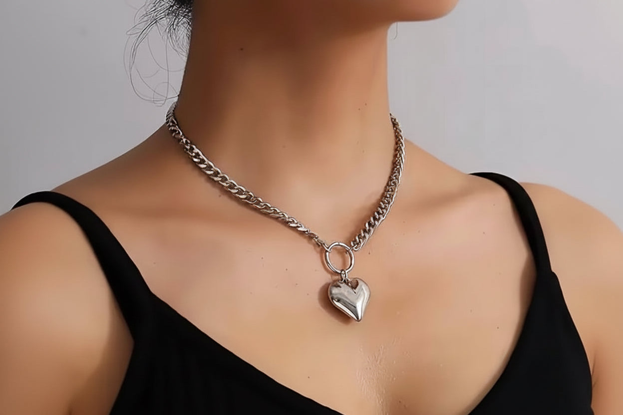 View of choker heart necklace on model