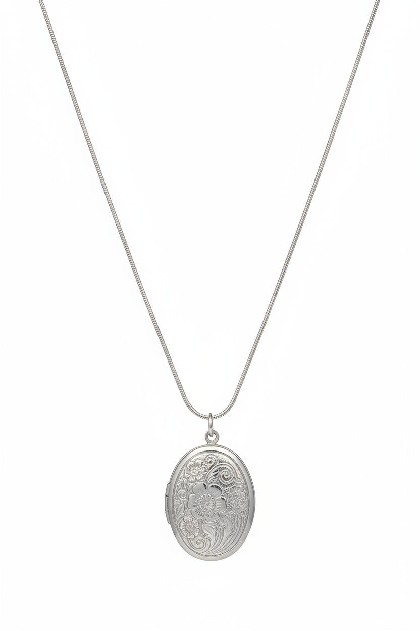 Silver stainless steel snake chain necklace with an oval flowered design locket hanging down