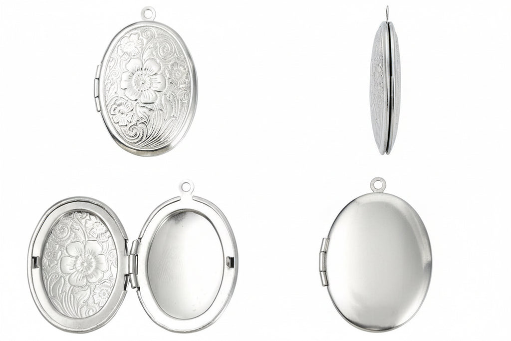 Silver stainless steel oval flowered design locket on a white background