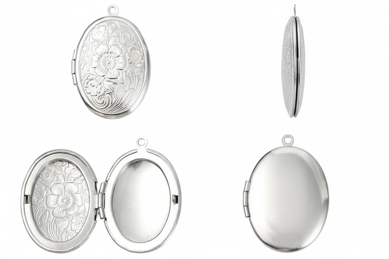 Silver stainless steel oval flowered design locket on a white background
