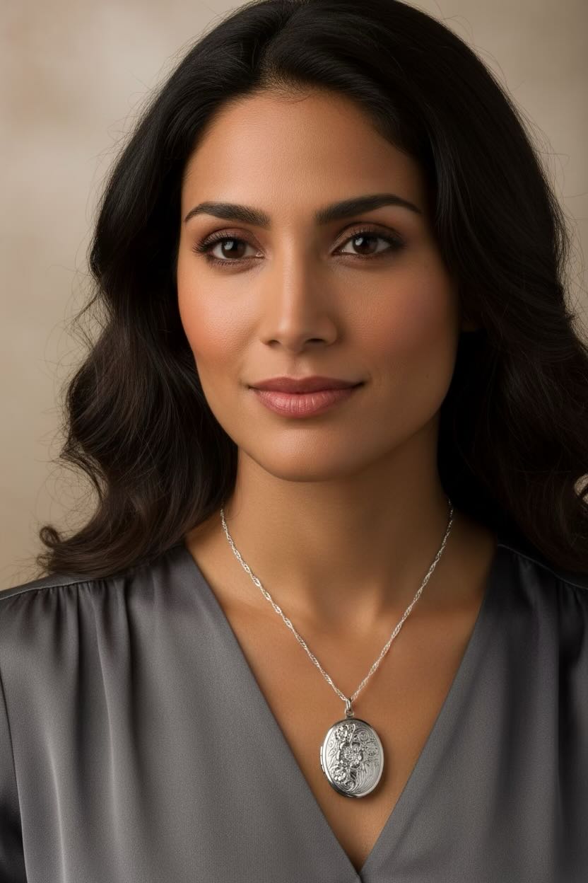 Model wearing a silver sterling water wave necklace with a oval flower design stainless steel locket