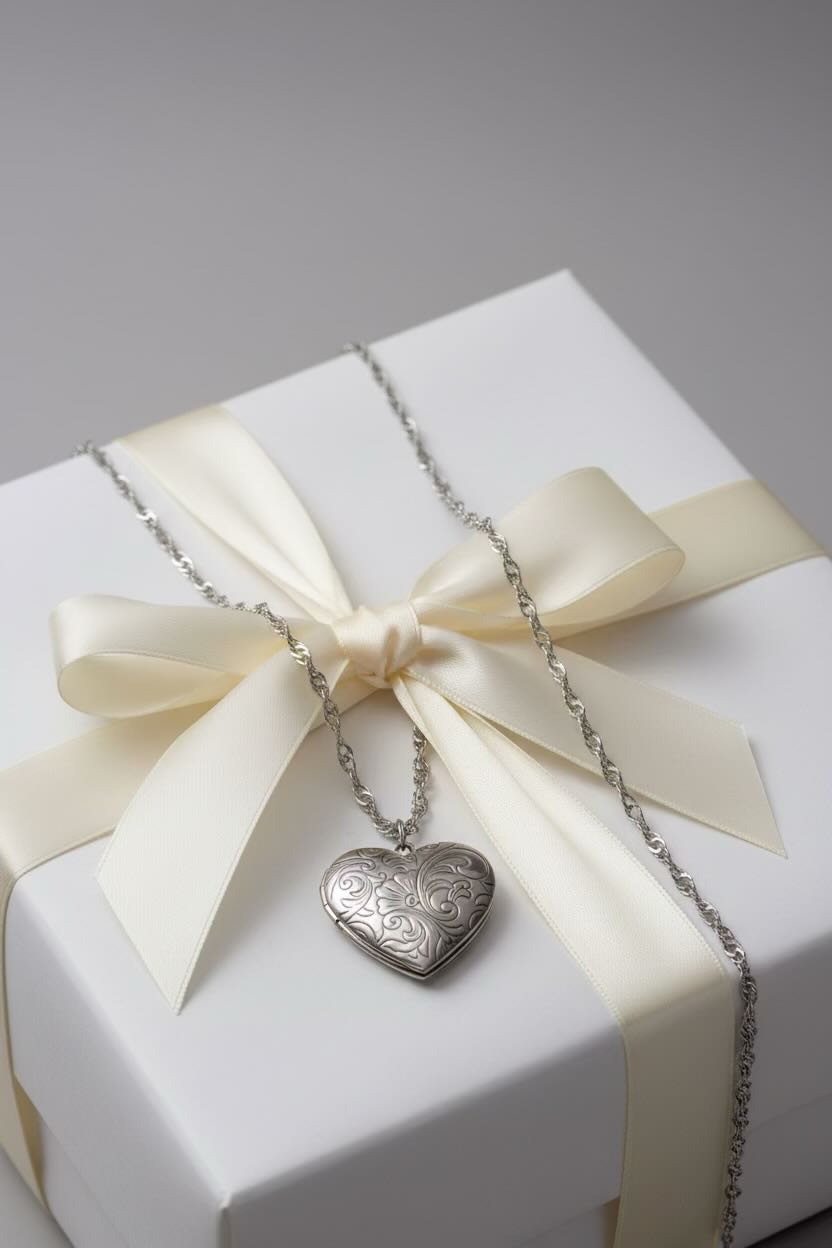 Silver heart-shaped locket on a white gift box with a cream ribbon