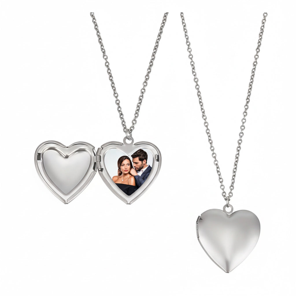 Heart-shaped locket with a photo of a couple on a white background
