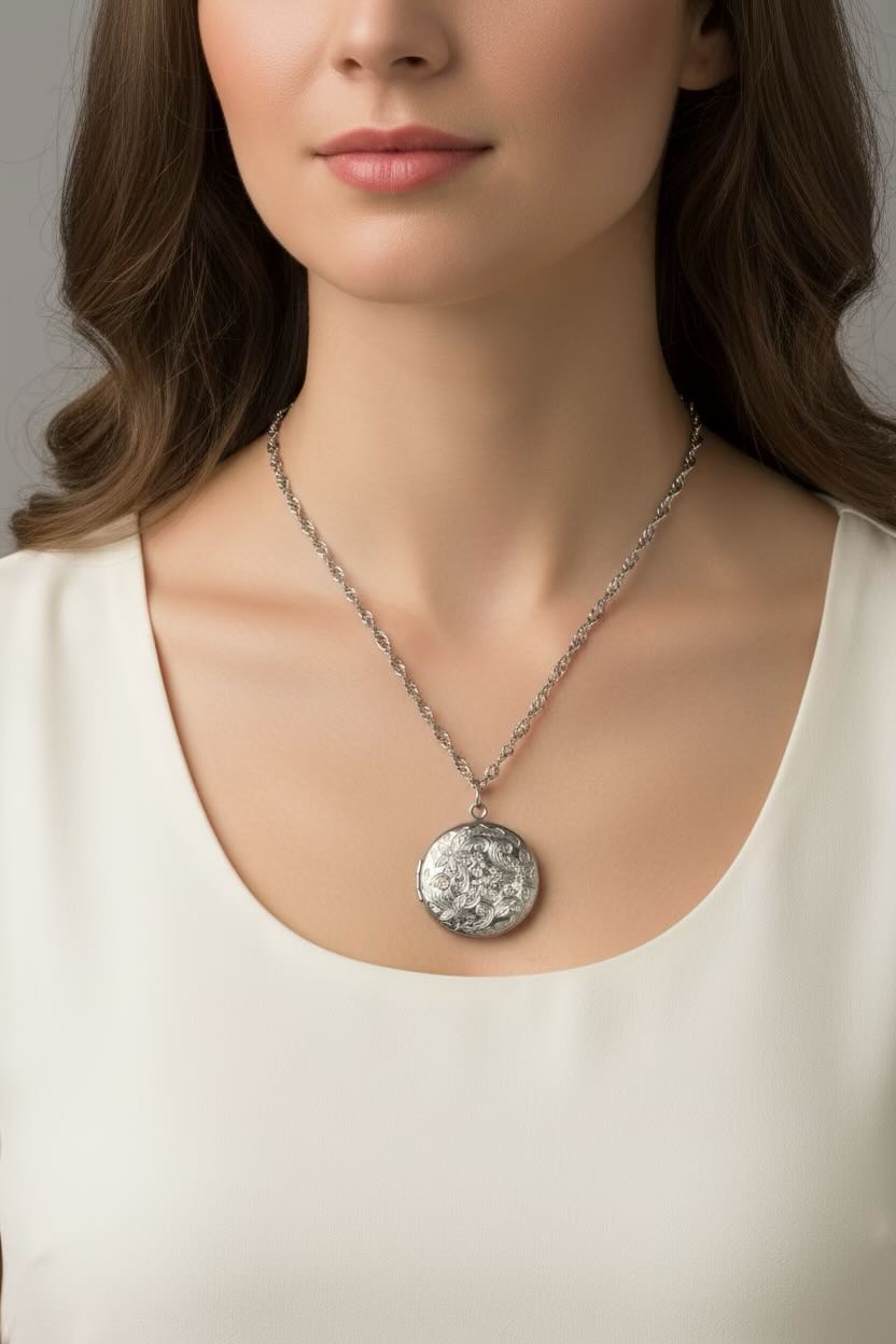 Close-up of a water wave necklace with a round patterned locket worn by a person.