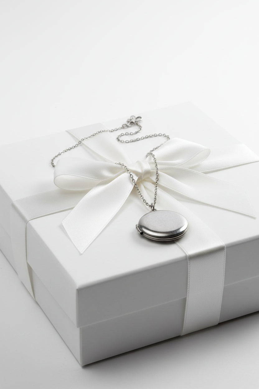 Silver stainless steel necklace with a round locket on a large gift box