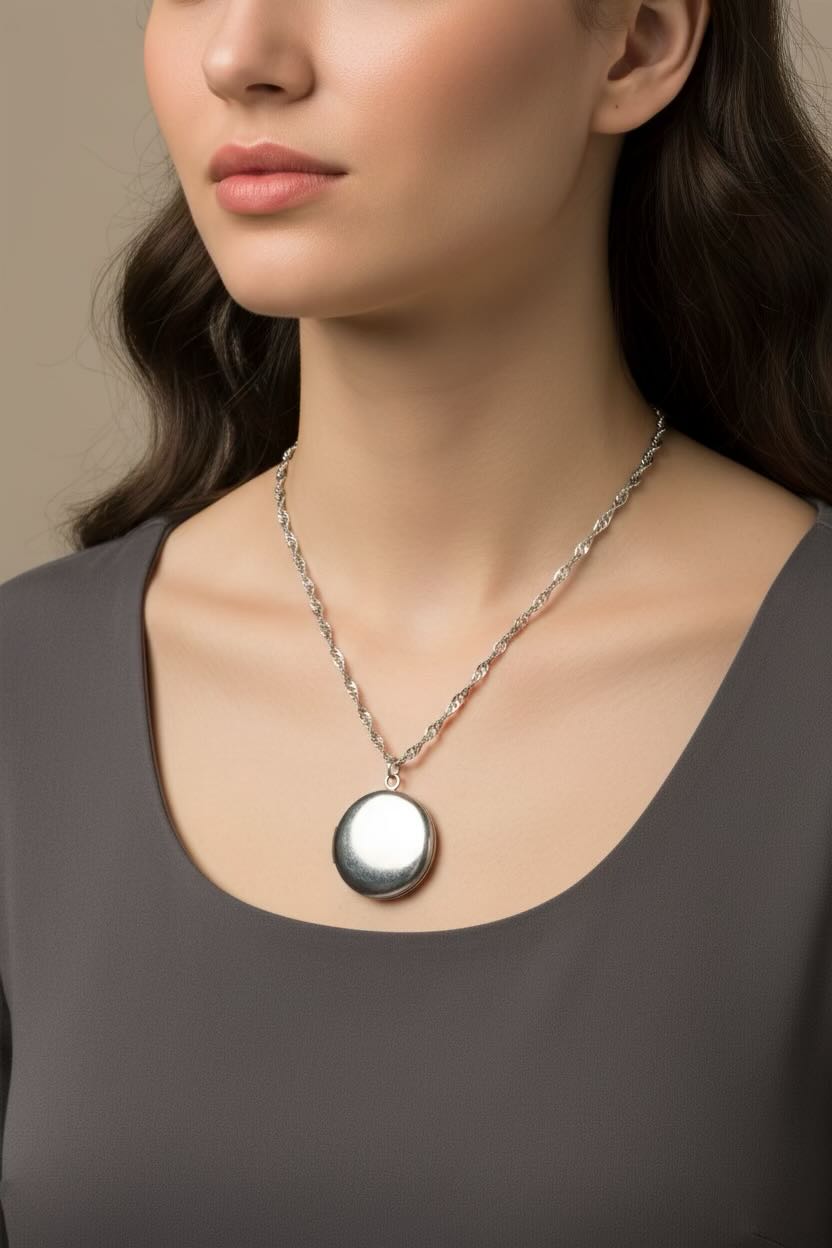 silver round locket on a stainless steel water wave chain necklace on a model