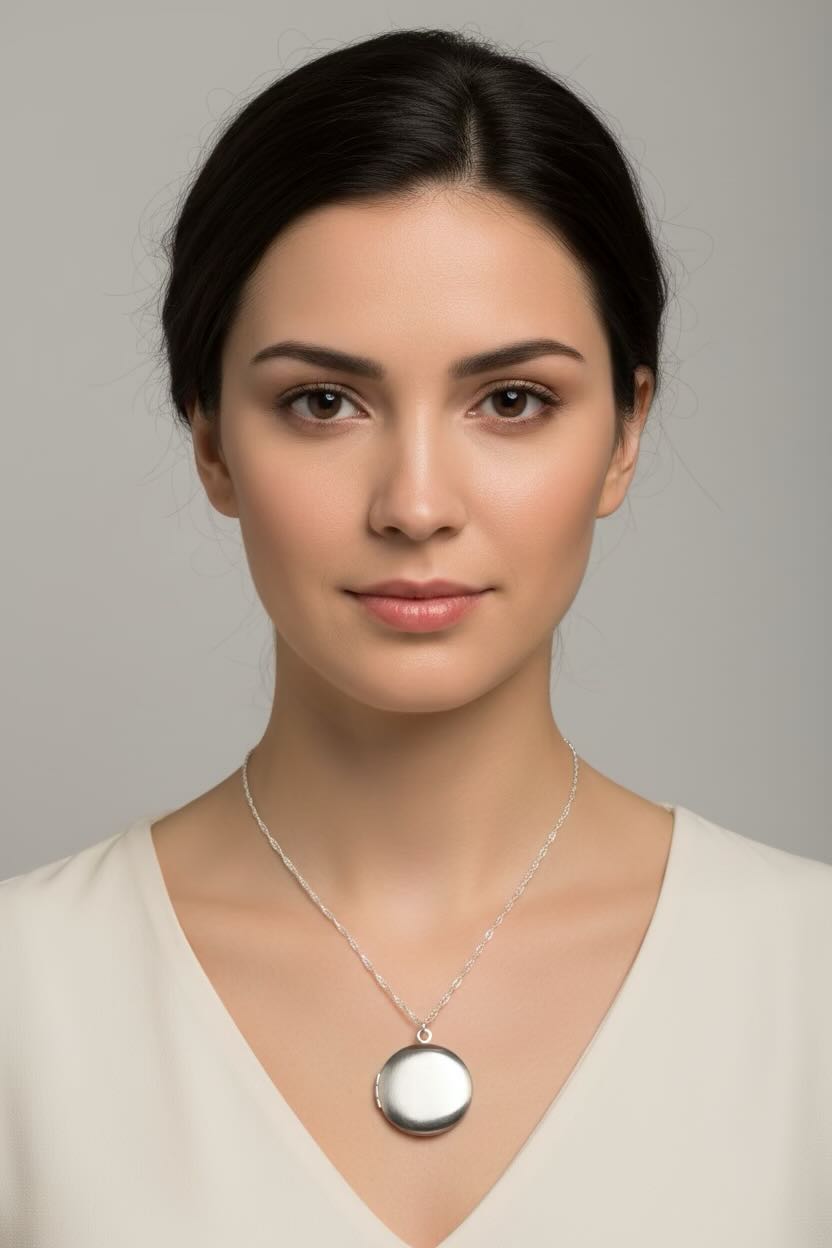 Woman wearing a silver necklace with a round locket against a neutral background