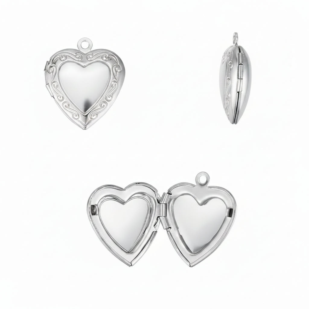 Heart-shaped lockets with measurements on a white background