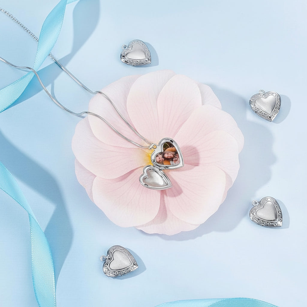 Heart-shaped locket set on a petal light blue background