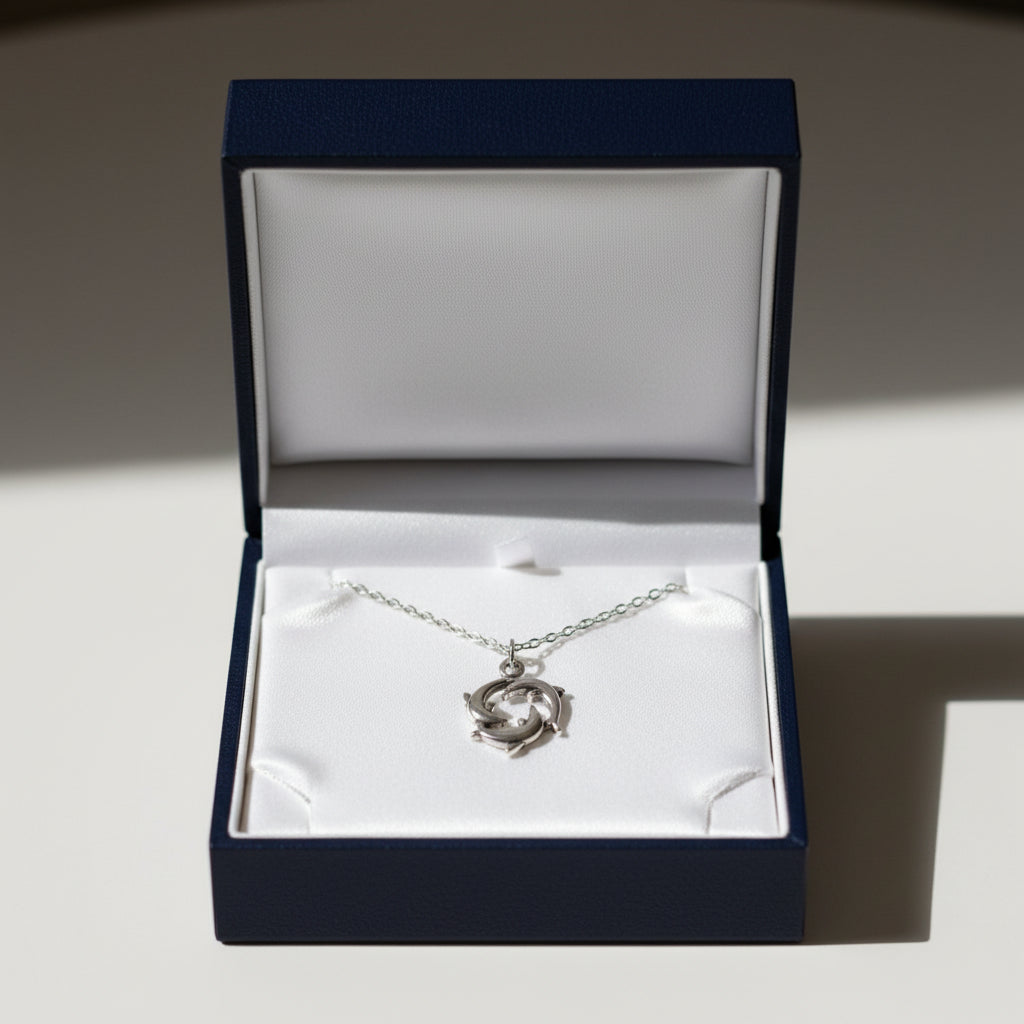 A silver necklace with a double-dolphin pendant displayed in black gift box.