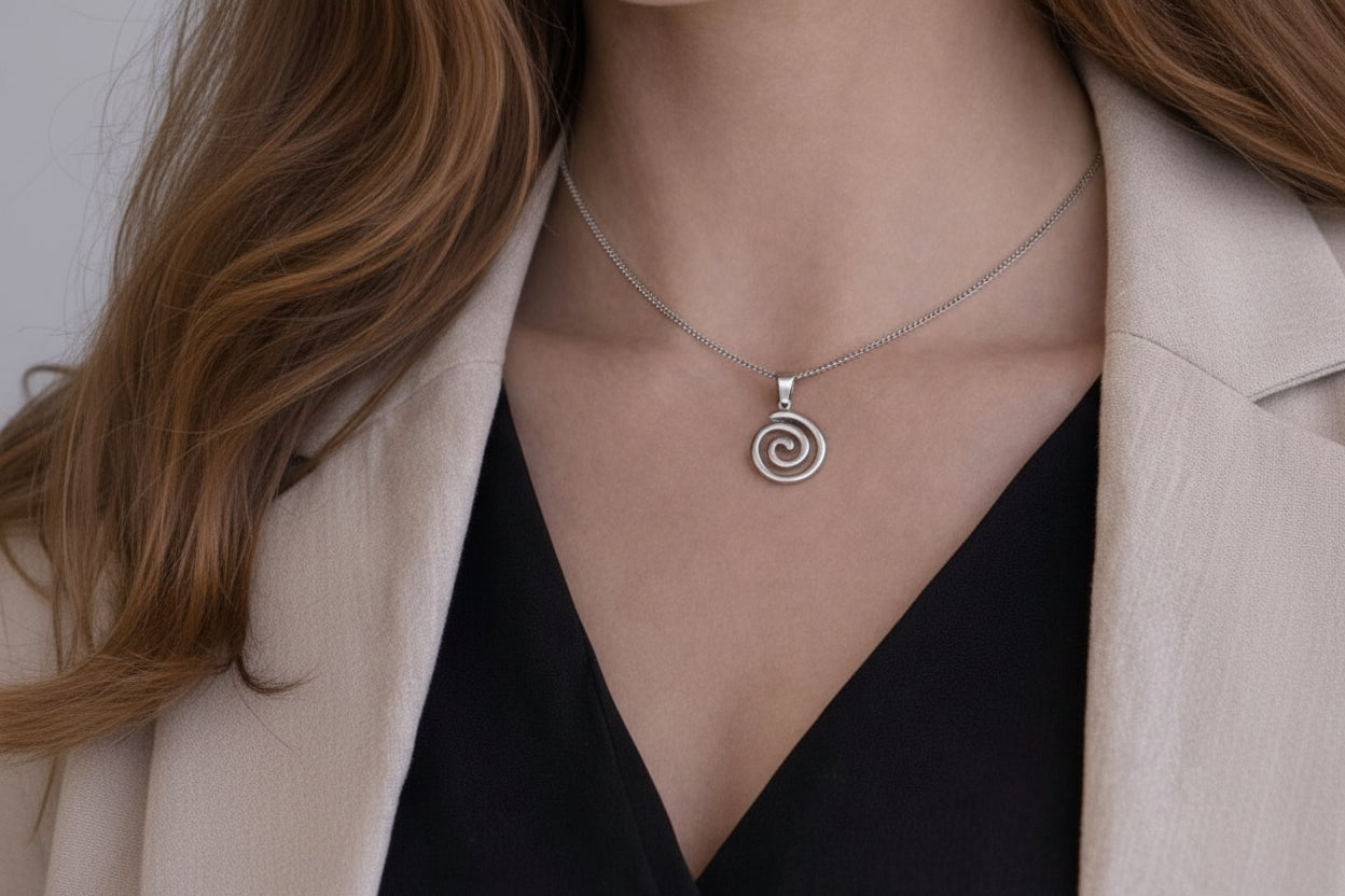 Silver spiral pendant necklace on a person wearing a black top and beige jacket.