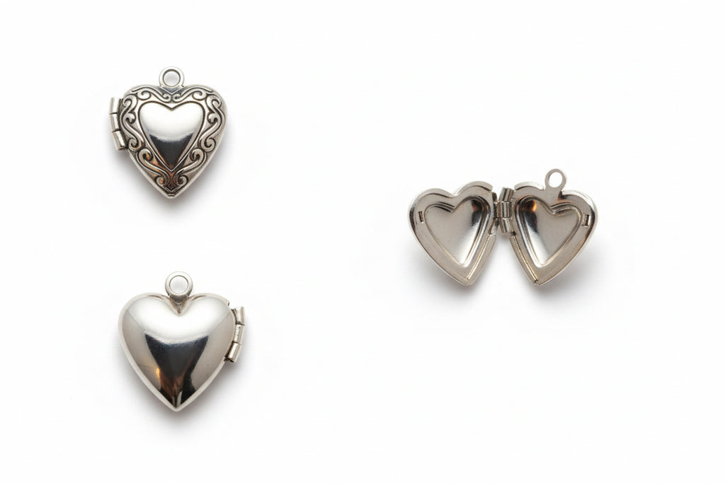 Heart-shaped silver locket on a white background