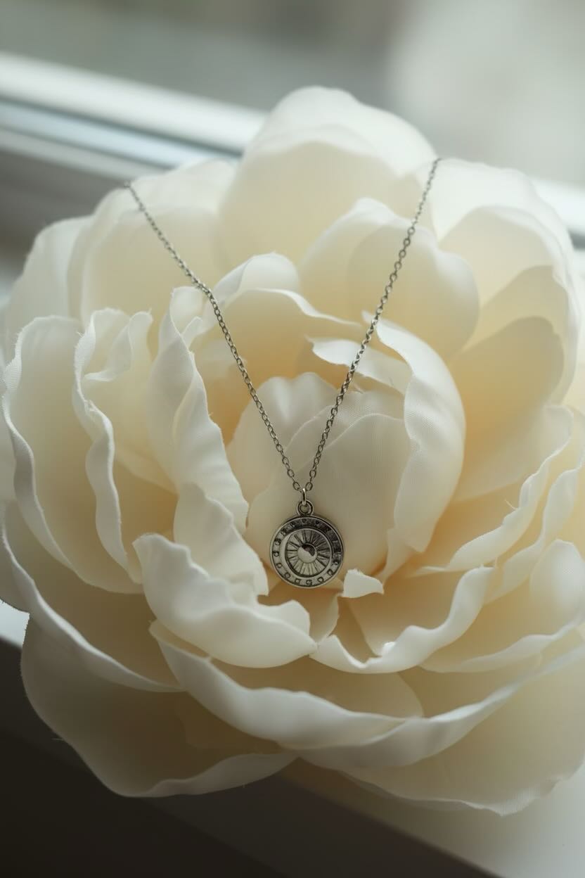 A silver pendant necklace with a element design, draped over the petals of a large cream-colored flower.