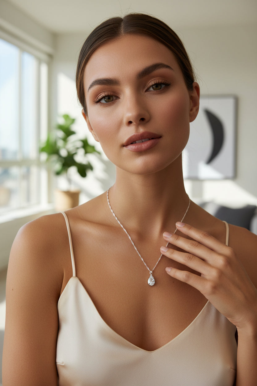 A silver teardrop pendant necklace with a clear stone, displayed on a model.