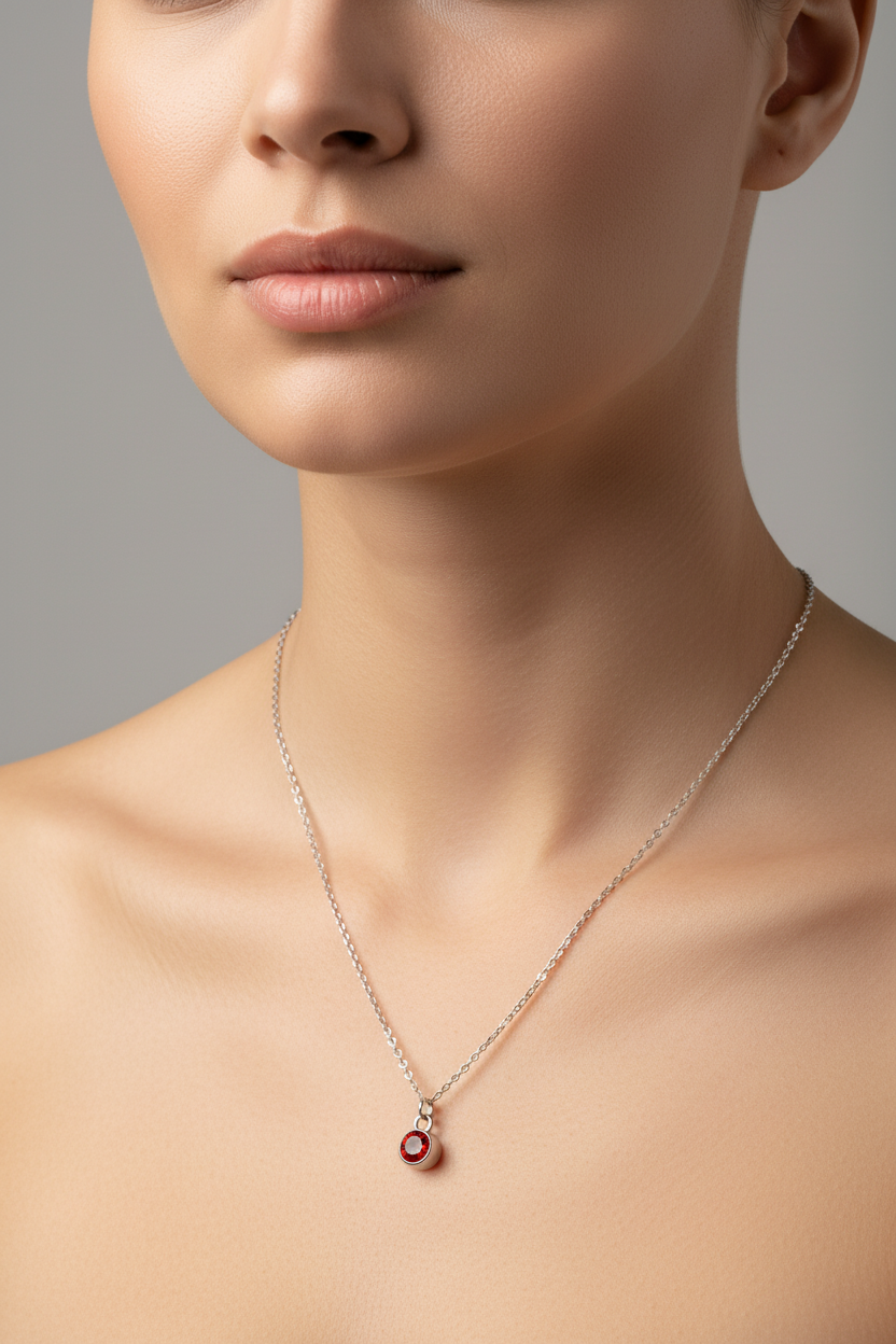 Close-up of a necklace with a pendant on a neutral background
