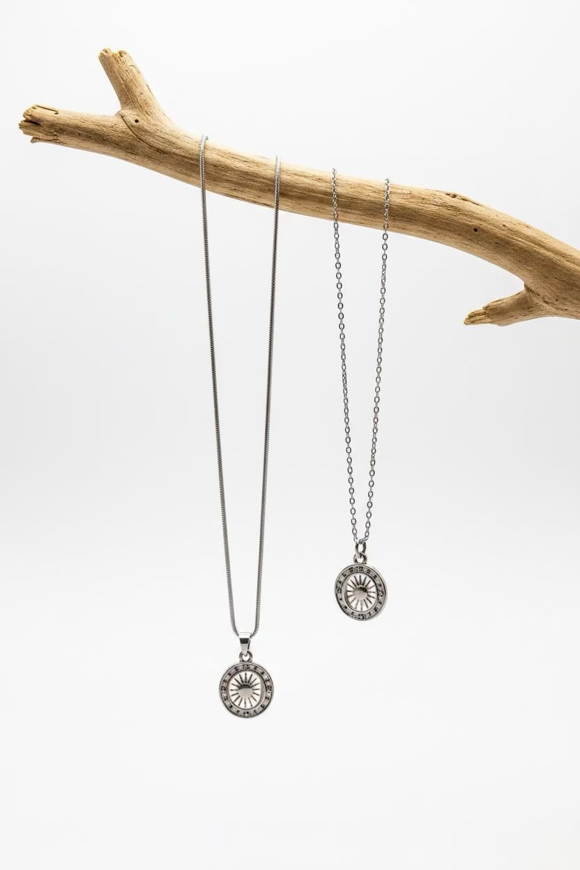 Two silver-toned chain necklaces with circular element coin pendant charms hanging from a natural driftwood branch against a white background.