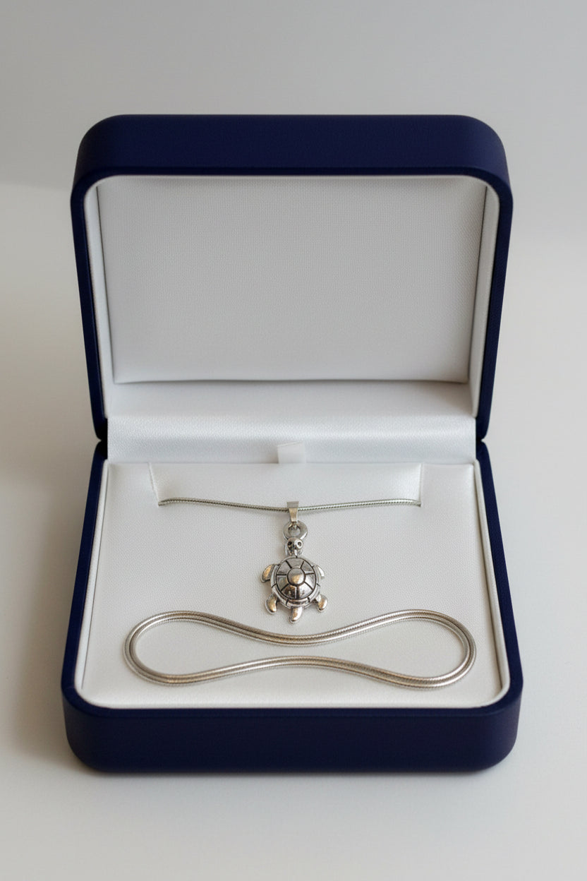 Silver turtle pendant necklace on a gift box